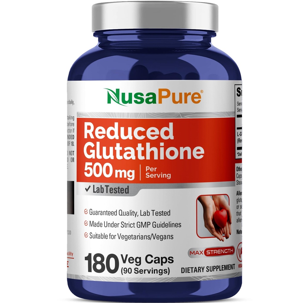 NusaPure Μειωμένη γλουταθειόνη 500mg 180 Κάψουλες Veggie (Vegan, Non-GMO) L-Glutathione