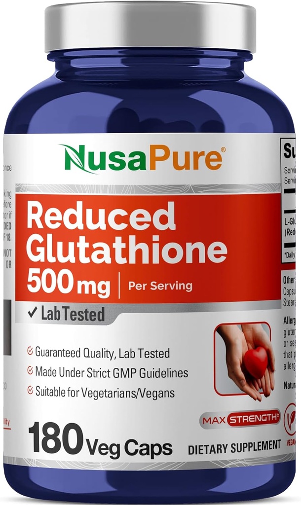 NusaPure Glutathione 500 mg 180 Veggie Capsules (Vegan,Non-GMO) L-Glutathione 500 mg 180 Veggie Capsules (Vegan,Non-GMO) L-Glutathione