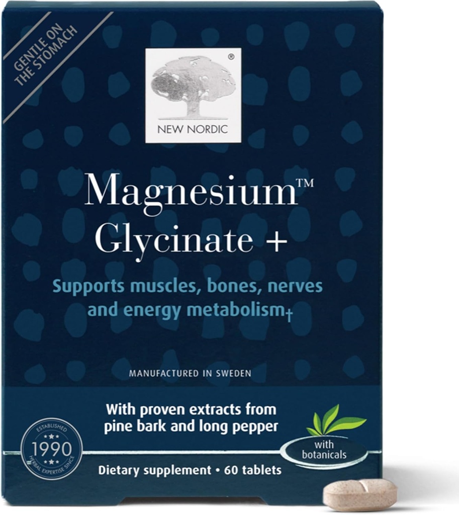 New Nordic Magnesium Glycinate, 220 mg δισκία μέγιστης απορρόφησης με Pine Bark & Long Pepper, Gentle on Stomach for Women & Men, 30 Servings
