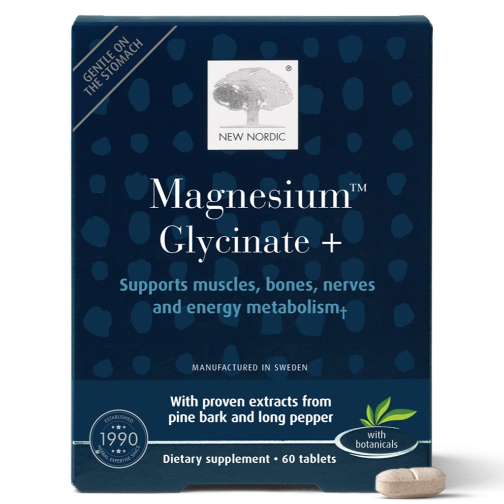 New Nordic Magnesium Glycinate, 220 mg δισκία μέγιστης απορρόφησης με Pine Bark & Long Pepper, Gentle on Stomach for Women & Men, 30 Servings