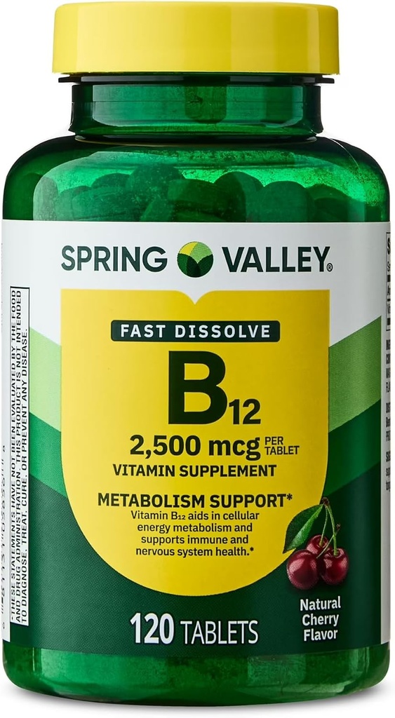 Spring Valley, B12 2500 MCG, B12 Hızlı-Dissolve Cherry Flavor Tabletleri Diyetsel Tamam, B12, 120 Kont - New Look (Pack of 1)