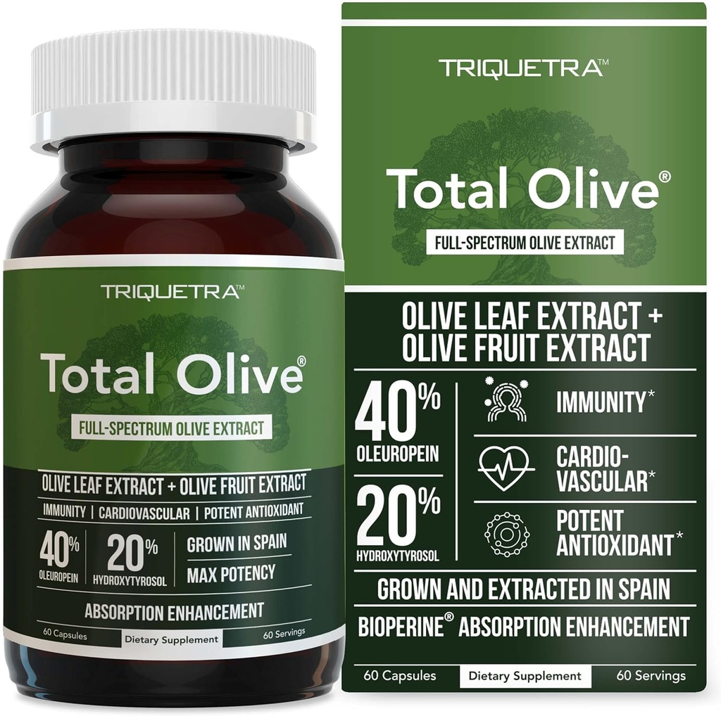 Total Olive® - Olive Leaf Extract (4% Ol Europein) Plus Zeytinyağı (yüzde 20 Hydroxytyrosol) - Full Spectrum Extractn & Extracted in İspanya - BioPerine Abpole Geliştirilmiş (60 Kont)