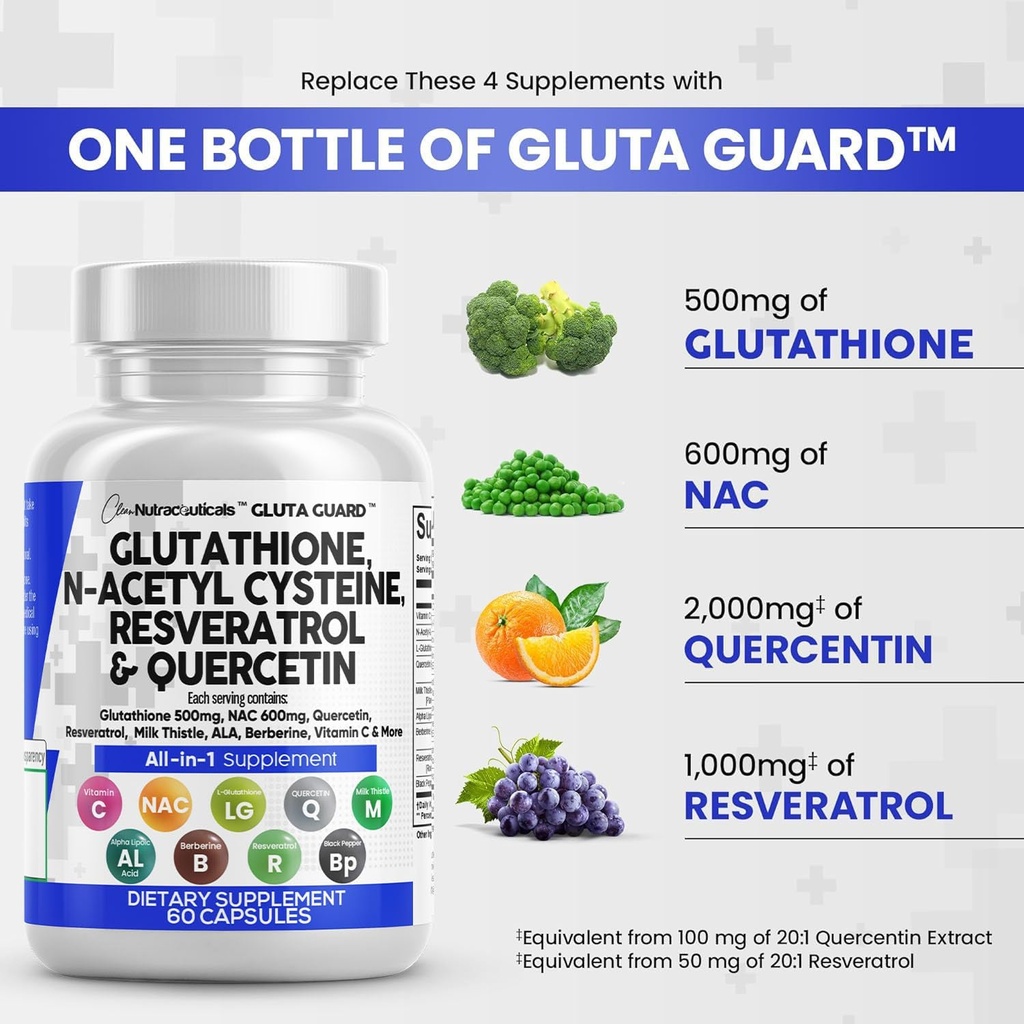 Temiz Nutraceuticals Glutathione 500 mg Supplement with Vitamin C N Acetyl Cysteine 600 mg Berberine 1000 mg Resveratrol Quercetin Alpha Lipoic Acid - Az Glutathion Free Form Women 60 Ct USA Made