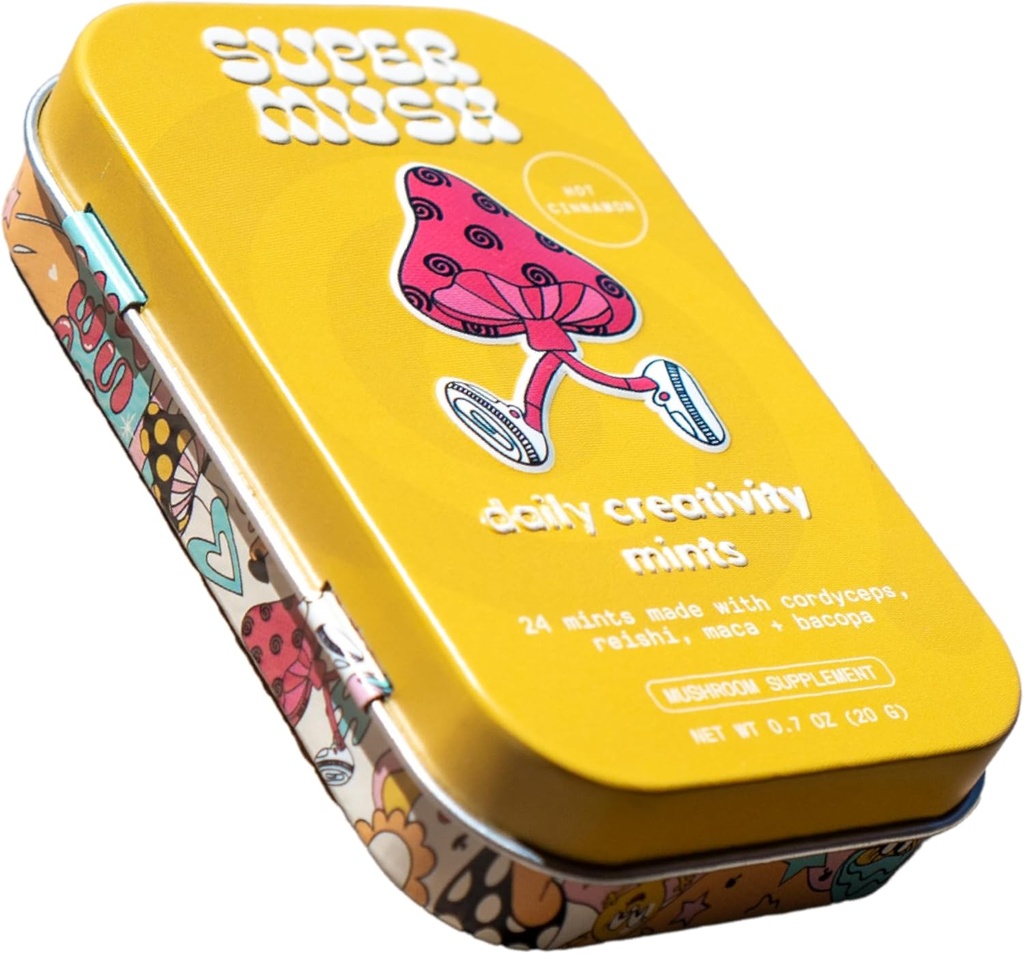 SuperMush Günlük Yaratıcılık ve Bağlantı SuppleMint | Cordyceps, Reishi, Maca & Bacopa Monnieri Karma Mushrooms Extract | Pure Breath Mint forality & Connection | 20g Organik Mushroom Mint