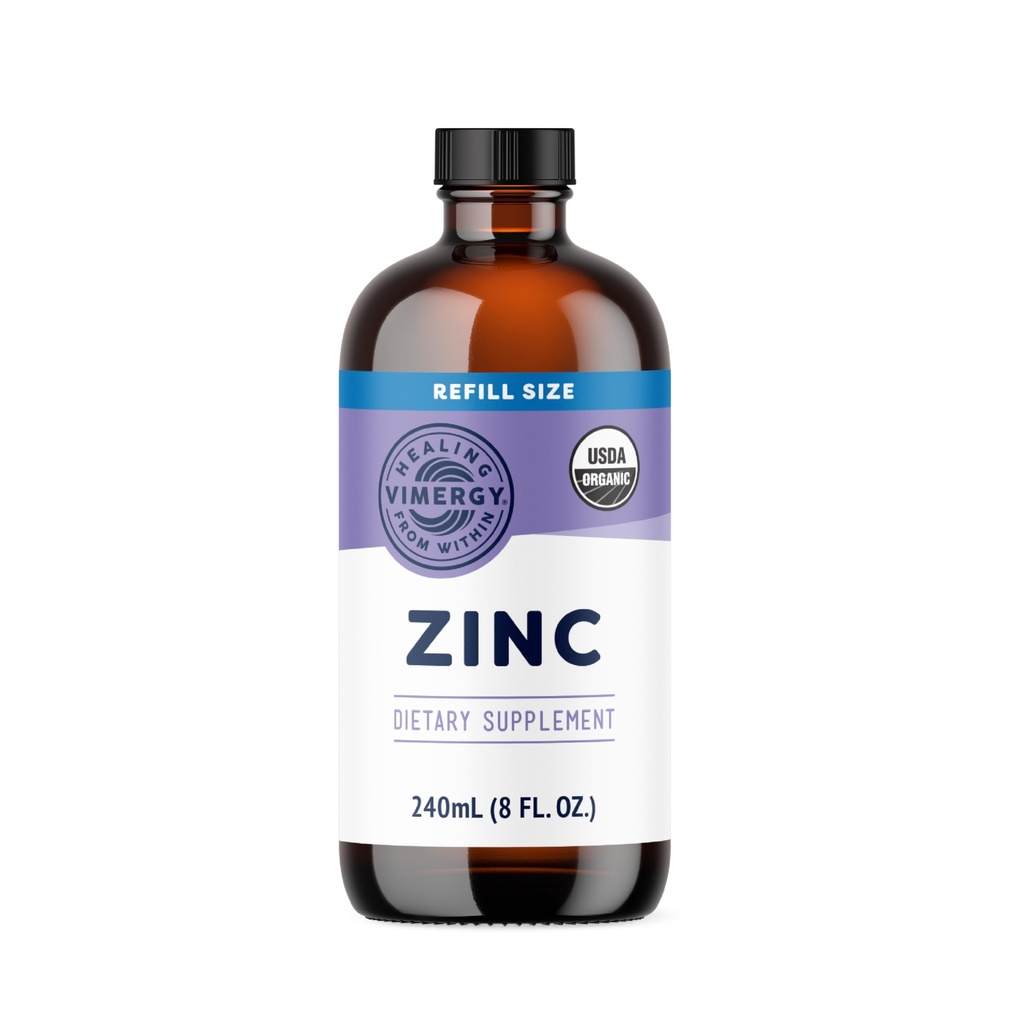 Kadınlar ve Erkekler için Vimergy Organik Çinko Supplements (7.5 mg Sıvı Çinko Oda başına) Hızlı-Absorbing Immune Support, Sağlıklı Bones & Skin, USDA sertifikalı Organik, Vegan, 120 Hizmete Kadar (240mL)
