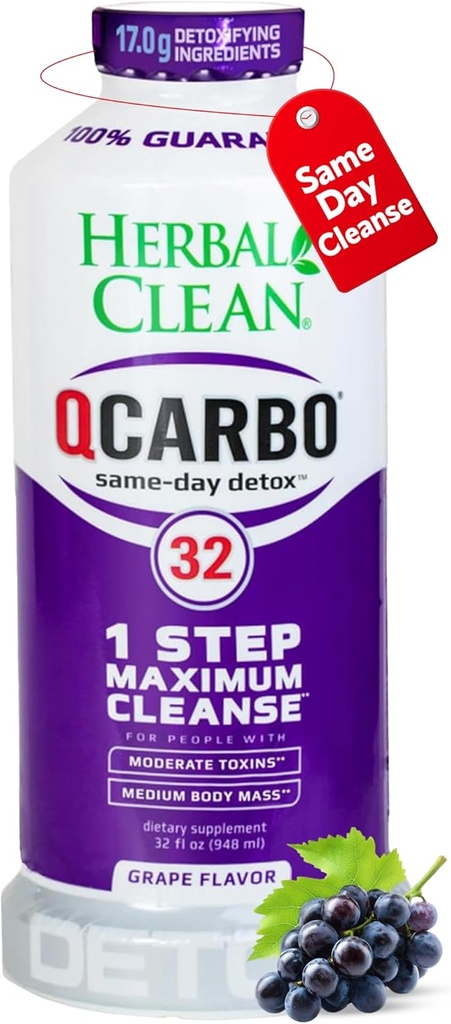 Herbal Clean Qcarbo32 Ίδια μέρα Detox Cleanse Drink (32 fl oz) - Σταφυλόχορτο Full Body Cleanse* Detox Drink for high Toxin Level*, Vitamin B2 and Vitamin B12 for Men & Women