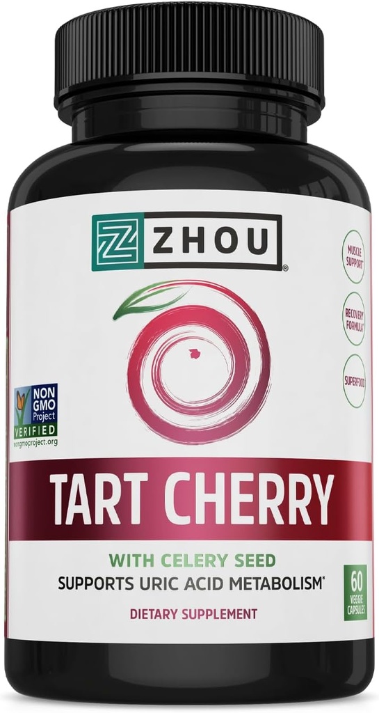 Zhou Tart Cherry Extract + Σπόροι σέλινου - Κάψουλες πίσσας για άνδρες και γυναίκες, Tart Cherry συμπυκνωμένα χάπια για τον ύπνο & Uric Acid Cleanse, 1000mg ανά χάπι - 60 κάψουλες Veggie (πακέτο του 1)