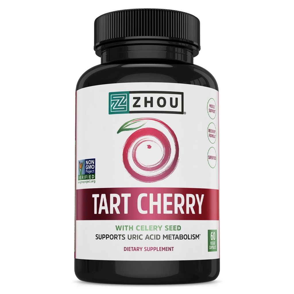 Zhou Tart Cherry Extract + Σπόροι σέλινου - Κάψουλες πίσσας για άνδρες και γυναίκες, Tart Cherry συμπυκνωμένα χάπια για τον ύπνο & Uric Acid Cleanse, 1000mg ανά χάπι - 60 κάψουλες Veggie (πακέτο του 1)