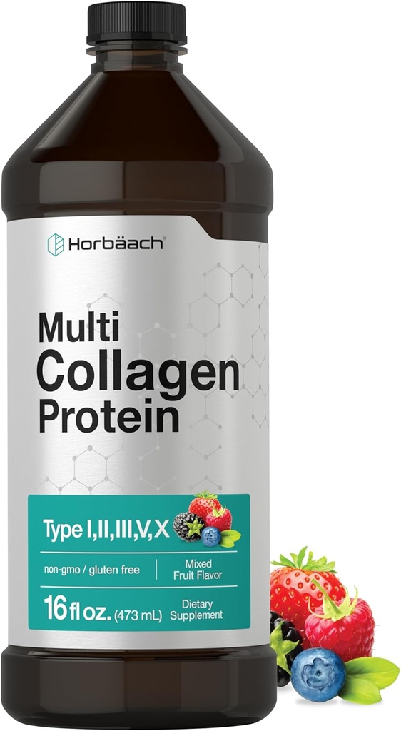 Horbaach Multi Collagen Protein 16 fl oz | Meyve Flavor | Sıvı Collagen Peptides | Tip I, II, III, V, X | Non-GMO, Gluten Free Supplement Supplement