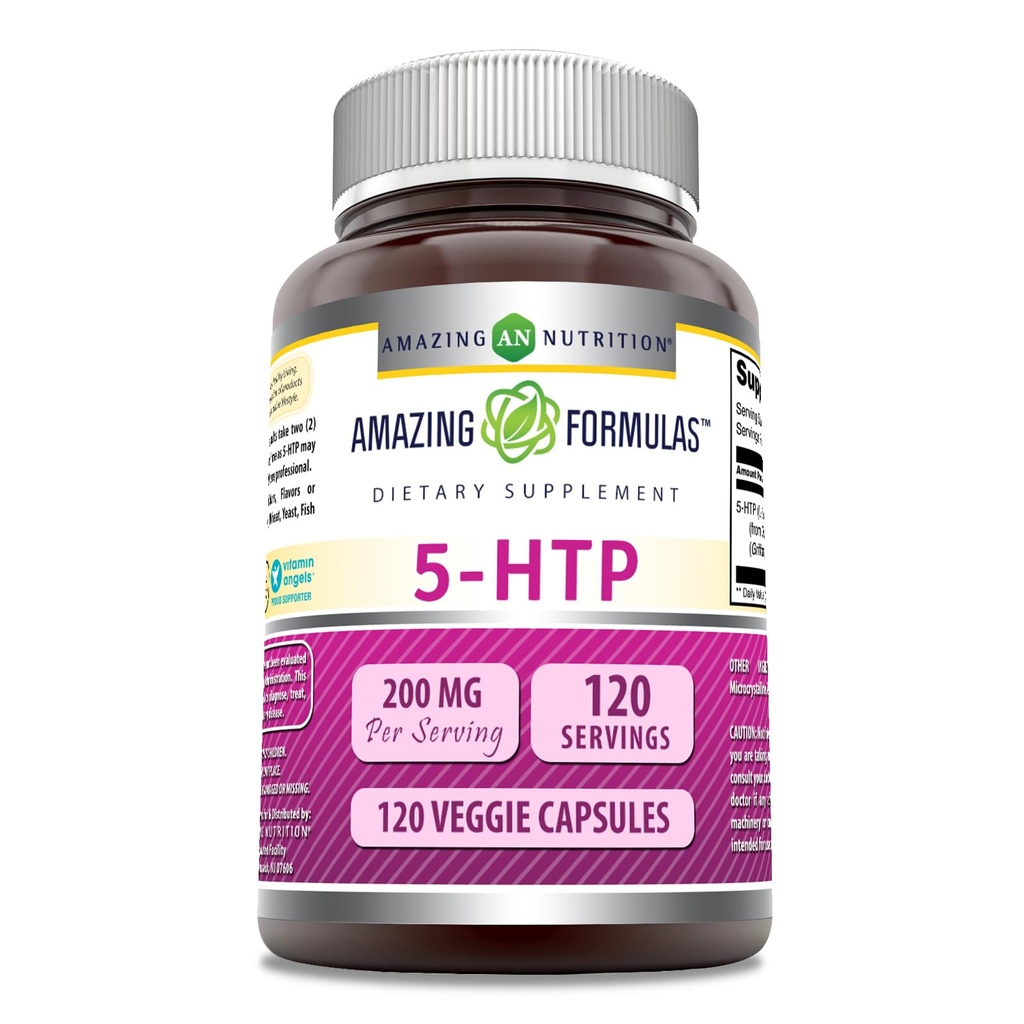 Amazing Formulas 5HTP (L-5-Hydroxytryptophan) Supplement | 200 Mg per Service | Veggie Capsules | Non-GMO | Gluten-Free | Made in USA (1 Pack | 120 Count)