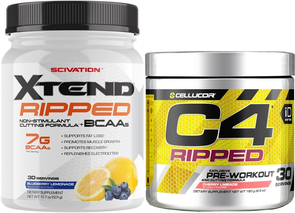 Cellucor C4 Ripped Pre Workout Toz + Fat Burner, Cherry Limeade, 30 Hizmet + Scivation Xtend Ripped BCAA Toz, Blueberry Lemonade, 30 Hizmet