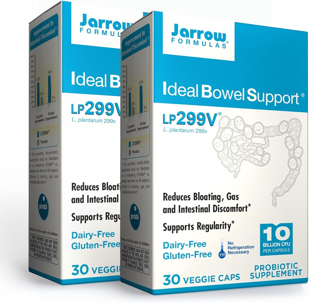 Jarrow Formulas İdeal Bowel Desteği - 10 Milyar Organizmleri Odada - 30 Veggie Caps, Pack of 2 - Bowel Support - Bloating?, Gas & Intestinal Discomfort - 60'a kadar