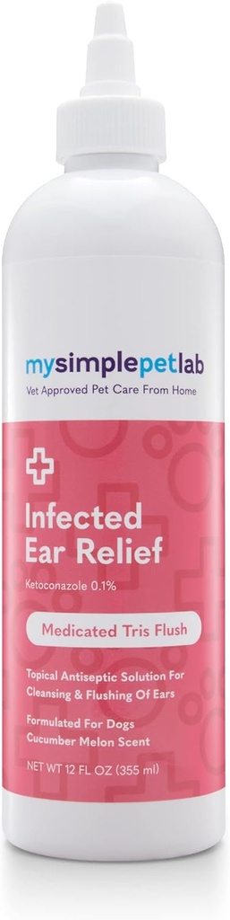 MySimplePetLab Dog Listion Aut Relief, Medated Tris Flush, Dog Ear Cleaner, Θεραπεία Μόλυνσης με Ketoconazole, 12 oz, Καταπραΰνει Φλεγμονή, Ανακουφίζει τον πόνο, Προάγει την Υγεία του αυτιού, Εύκολο στη Χρήση