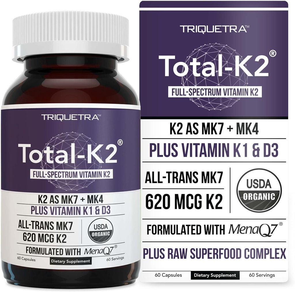 Total K2® | Vitamin K2 as MK7 & MK4 | Plus K1 & Vitamin D3 Cofactor - 620 mcg K2 per Serving - All-Trans MK7 from MenaQ7® - Full-Spectrum Vitamin K - Vegan, Organic Certified (60 Capsules)