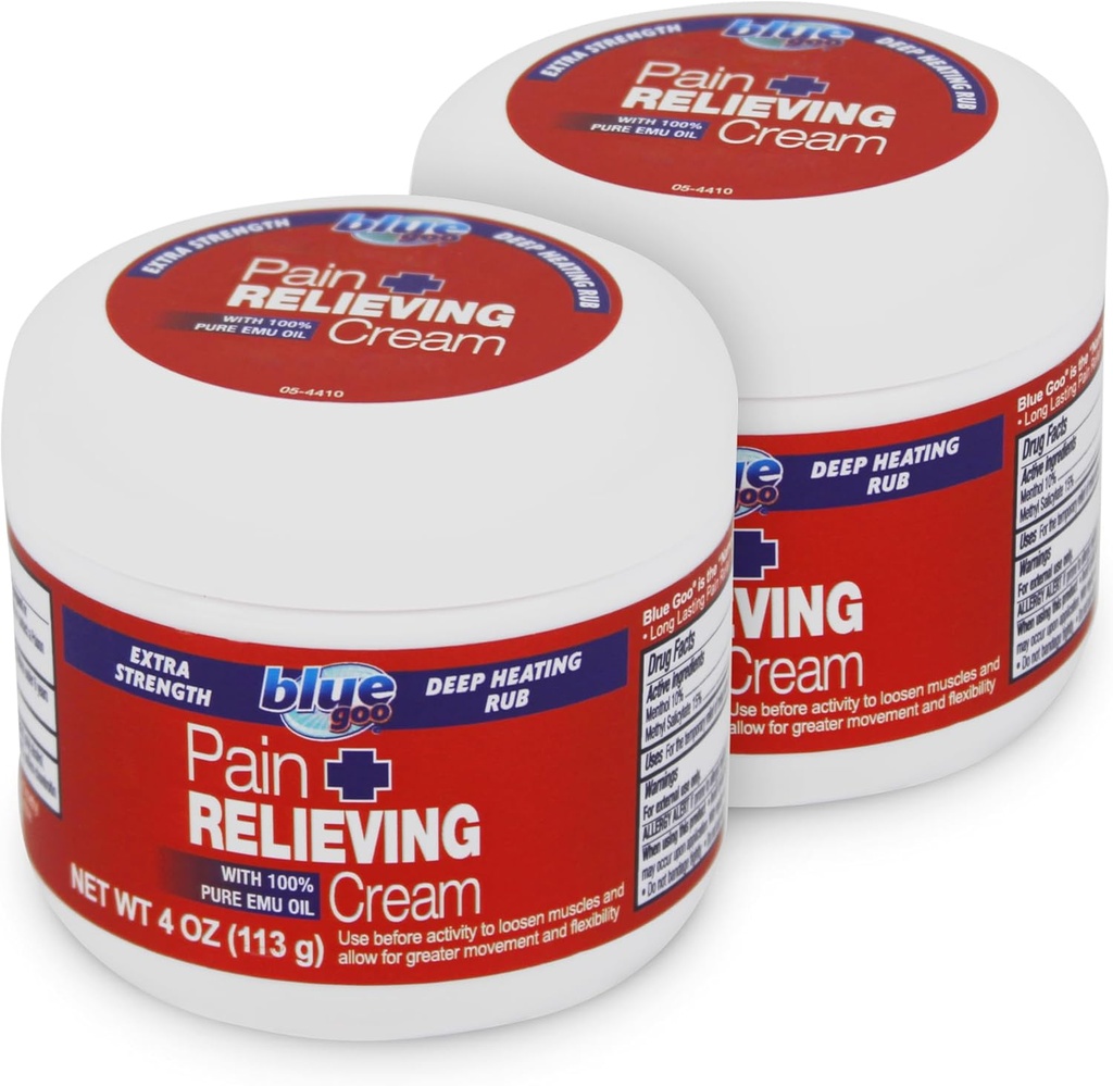 Blue Goo En Güçlü Ağrı Relieving Cream - Deep Isıtma Rub for Back/Neck, Sports Muscle/Joint, Splaws, Bursitis, Strains - 4 oz'un 2 Packs, Made with 100% Pure Emu Oil