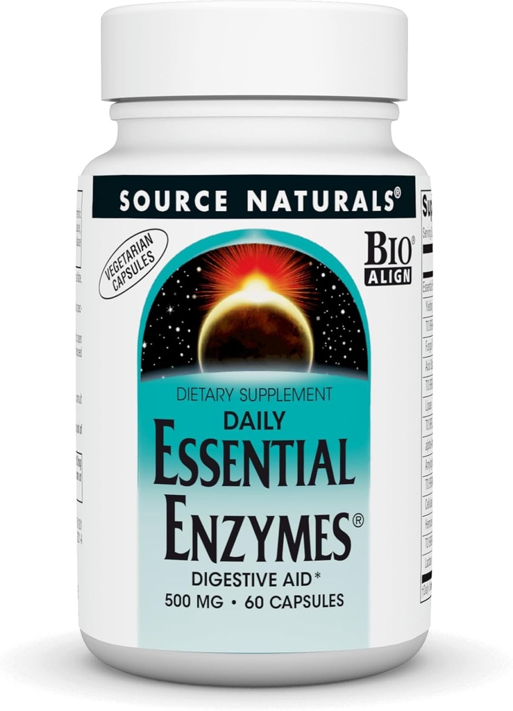 Source Naturals Essential Enzymes 500 mg Bio-Aligned multiple Enzyme Supplement Herbal Defense for Digestion, Gas, Constipation & Bloating Relief - Supports Immune System* - 60 Vegetarian Capsules