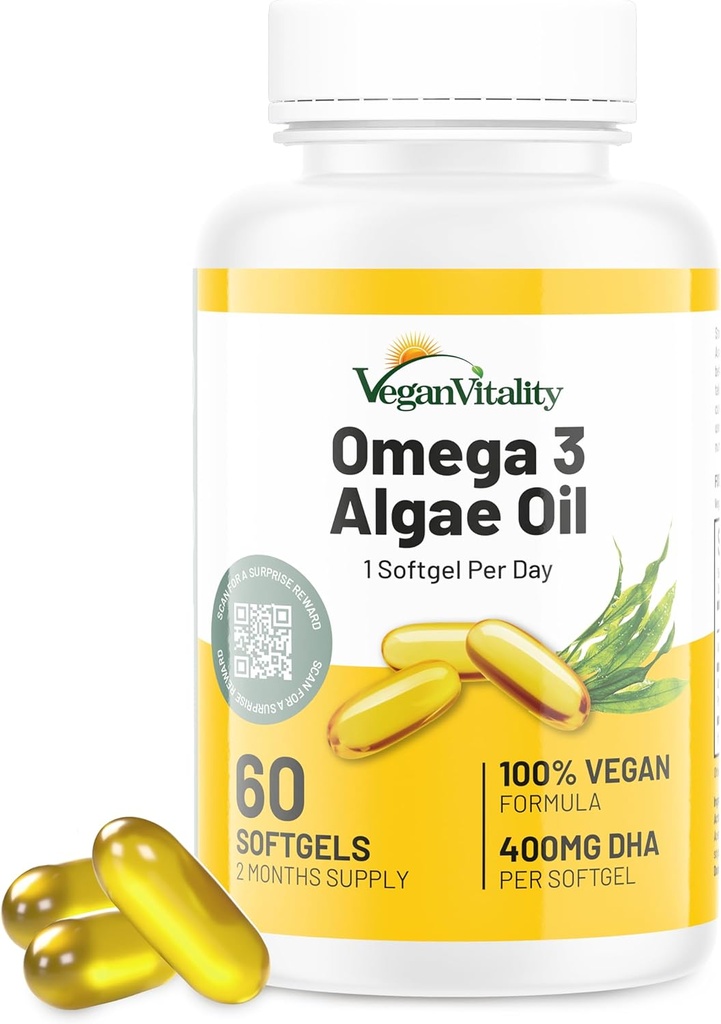 Vegan Vitality Vegan Omega 3 συμπλήρωμα - 60 φυτικής βάσης Algae Oil Soft Gels Απαραίτητα λιπαρά οξέα με Vegan DHA για κοινή, καρδιά & ανοσοποιητική υποστήριξη χωρίς EPA
