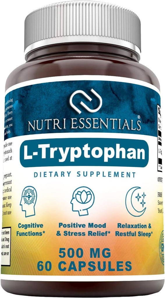 L-Tryptophan Diyetary Supplement 500 mg 60 Capsules (Non-GMO) - Natural Sleep Aid Supplements with 500 mg of Free Form L Tryptophan - Circulation & Immune Support*