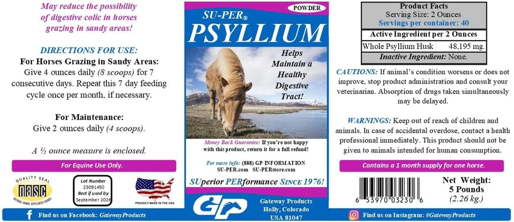 SU-PER Psyllium Horse Digestion Supplement - Atlarda Sağlıklı Digestive Tract - Sand & Dirt in Intestinal Tract - 5 Pound, (2 Pack)