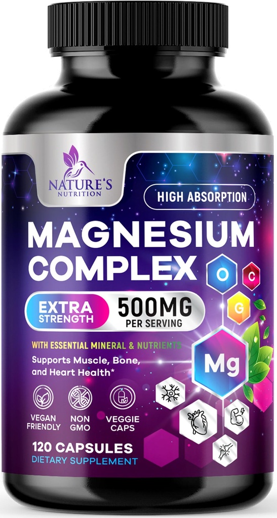 Magnezyum Kompleksi 500 mg - 1 Yüksek Abhidrasyon Chelated Magnezyum Glycinate, Malate, Citrate, Hoffman, Aquamin - Non-GMO Magnesio Capsules, Bone Muscle & Heart Health Support, 120 Capsules