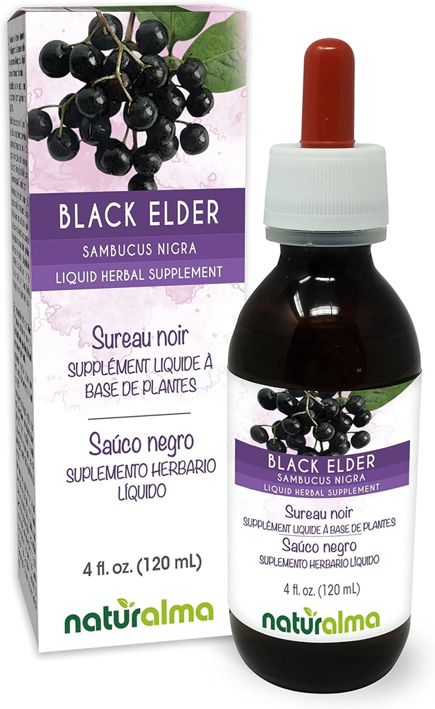 Naturalma Black Elder (Sambucus nigra) Flower (Elderflower) ve Meyve (Elderberry) Alkol Özgür Tincture - 4 fl oz Sıvı Ekstraksiyon - Herbal Supplement - Vegan