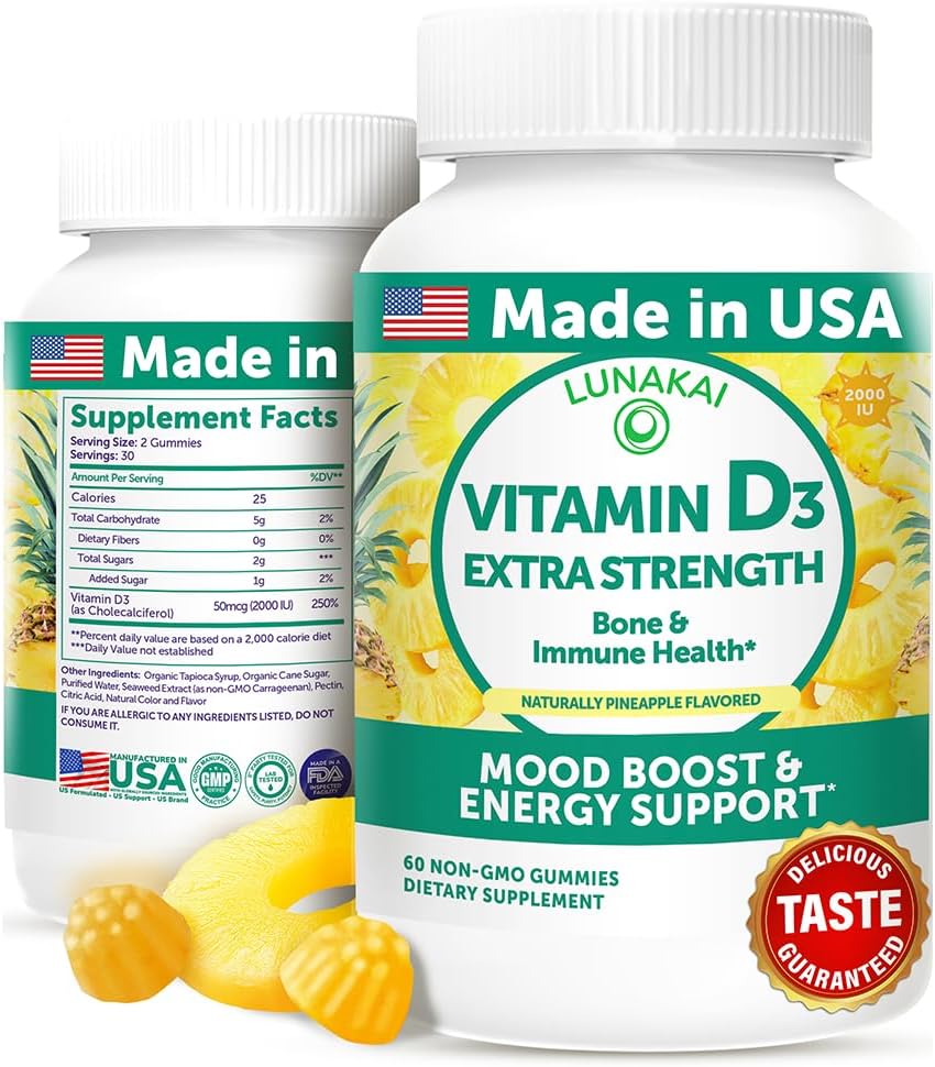 Lunakai ΗΠΑ Φτιαγμένη βιταμίνη D3 Gummies 2000 IU - Μη-ΓΤΟ, χωρίς γλουτένη Βιταμίνη D Gummies για γυναίκες & άνδρες - Οστά, ανοσοποιητική & ενεργειακή υποστήριξη, 60ct