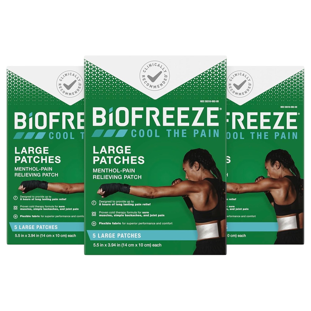 Biofreeze Pain Relief Patches, Arthritis Pain Reliver, Diz & Lower Back Pain Relief Patch, Sore Muscle Relief, Boy Pain Relief, FSA Eable, 3 Pack (5 Biofreeze Menthol Patches)