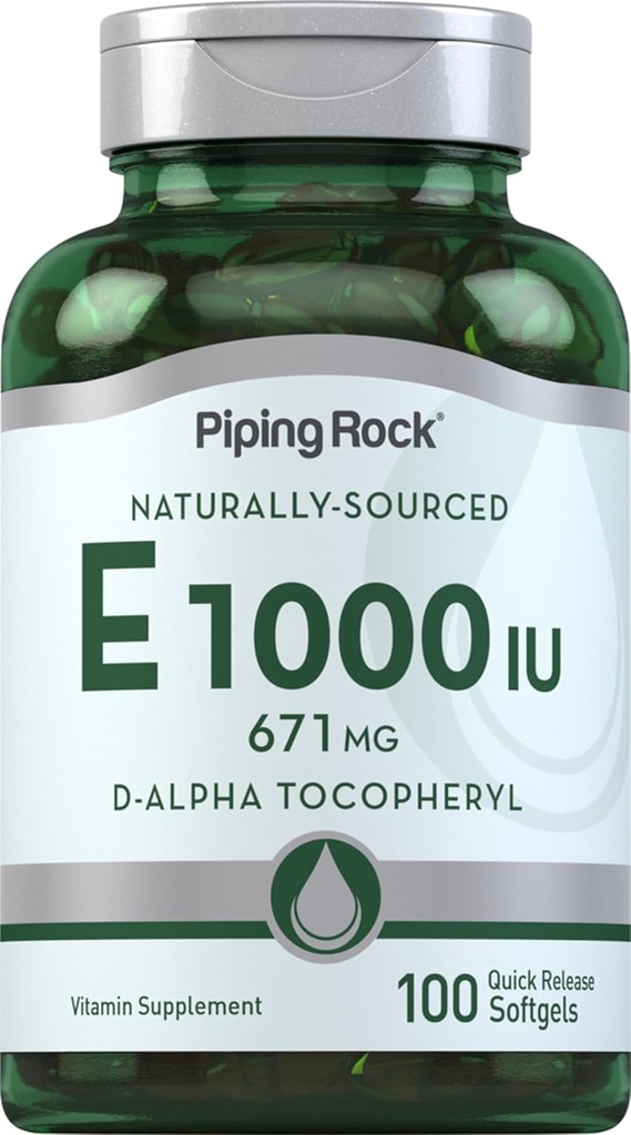 Piping Rock Vitamin E 1000 IU Softgel Capsules | 671 mg | 100 Pills | D-Alpha Tocopheryl Supplement | Non-GMO, Gluten Free