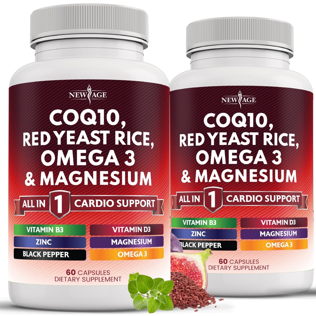 NEW AGE COQ10 200 mg Red Yeast Rice 3000 mg Omega 3-6-9 3000 mg Magnezyum Kompleksi 500 mg çinko C2 D3 - B3 Vitamini Kadınlar ve Erkekler için Vitaminler, Coenzyme Q10-120 Kont