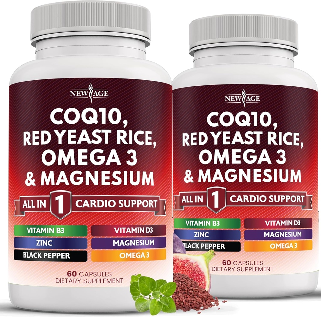 NEW AGE COQ10 200 mg Red Yeast Rice 3000 mg Omega 3-6-9 3000 mg Magnezyum Kompleksi 500 mg çinko C2 D3 - B3 Vitamini Kadınlar ve Erkekler için Vitaminler, Coenzyme Q10-120 Kont