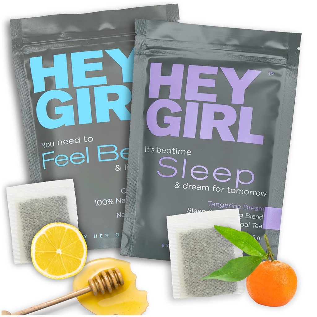 Hey Girl Sleep + Feel Better Tea Sche - Sleep Tea w/Chamomile, Valerian Root & Lemon Balm in Tea Bag + Feel Better Herbal Tea with Echinacea, Elderberry, Vitamin C