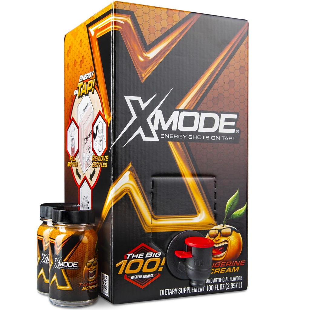 XMODE Extra Strength Energy Shots on Tap - Tangerine Flavor, Sugar Free, 150mg Caffeine per oz, B12, 100 (1oz) Σερβίρει, Διανομέας με 2 μπουκάλια επαναπλήρωσης