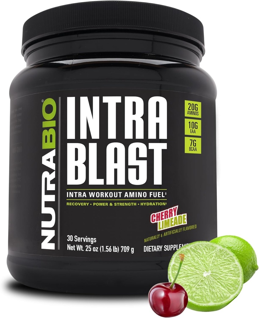 NutraBio Intra Blast Bcaa Powder Amino Acid Supplement, Electrolyte & Hydration Blend, Intra, Pre Workout & Muscle Recovery, 20g Eaa Amino Acids Powder, 5g Glutamine- Cherry Limeade, 30 Serving