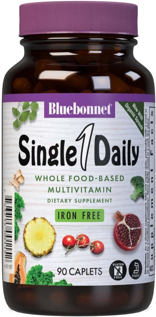 Bluebonnet Super Earth Ενιαία καθημερινή Multi-Nutrient Formula Iron Free Caplets, Green, 90 Count