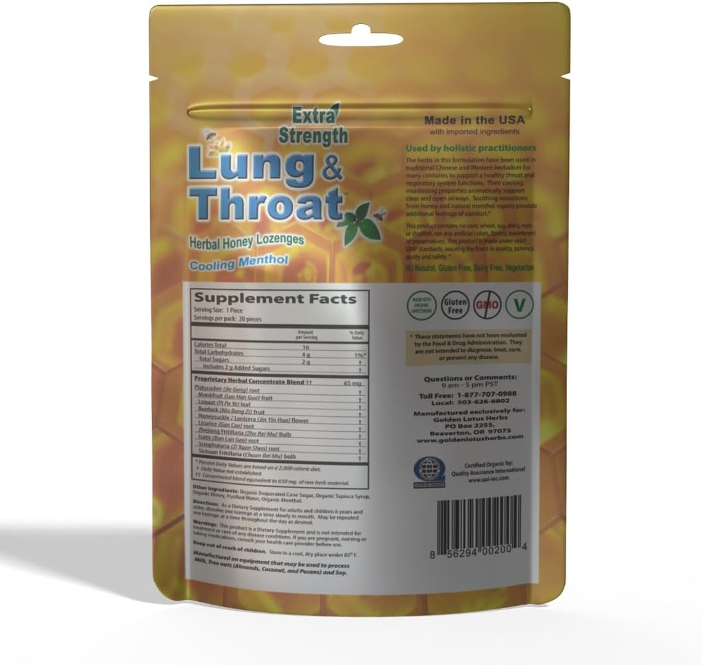 Lung & Throat Herbal Lozenges – QAI sertifikalı Organik | Soothing Honey Mint Cough Drops – 6Pack