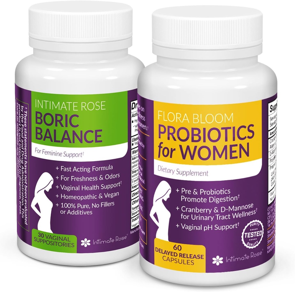 Intimate Rose Combo Pack! Flora Bloom Kadınlar için Probiyotikler (Bir Şişe) ve Boric Balance Boric Asit (One Şişe) 2 Pack