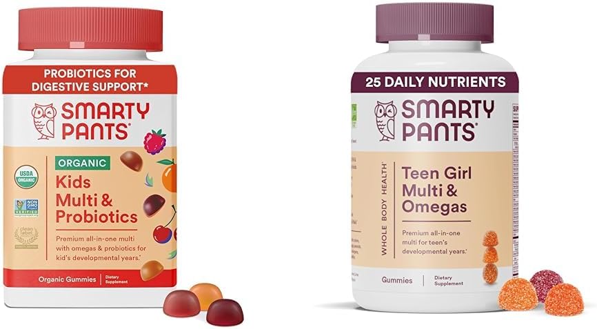 SmartyPants Organic Kids Multivitamin Gummies: Probiyotikler, Omega 3 (ALA) & Teen Girl Multivitamin Gummies: Omega 3 Fish Oil (EPA/DHA), D3, C, Vitamin B12, B6