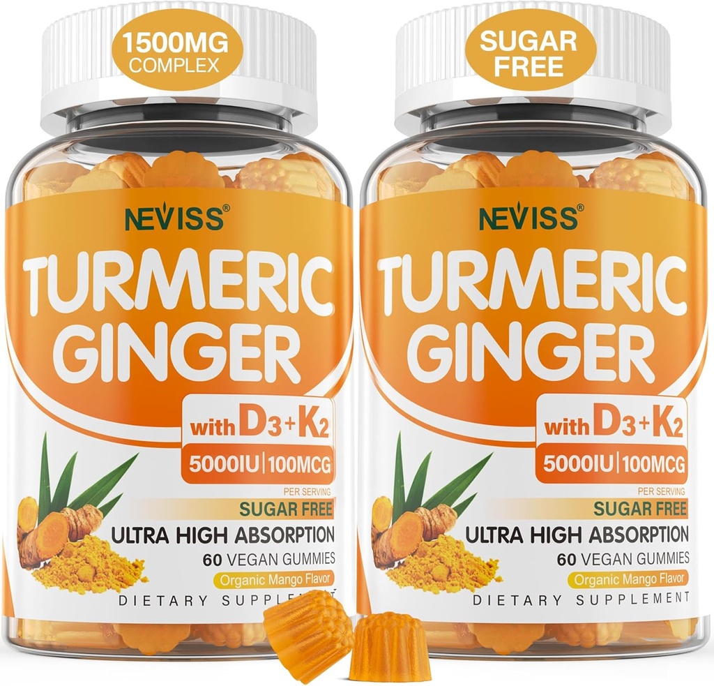 Sugar Free Turmeric Ginger Gummies with 5000 IU Vitamin D3 & K2 (MK7), C - Vegan Turmeric Supplement Gummies for Yetişkinler 1500 mg with Black Pepper, Supports Bone, Immune & Digestive Health - 120 Cts