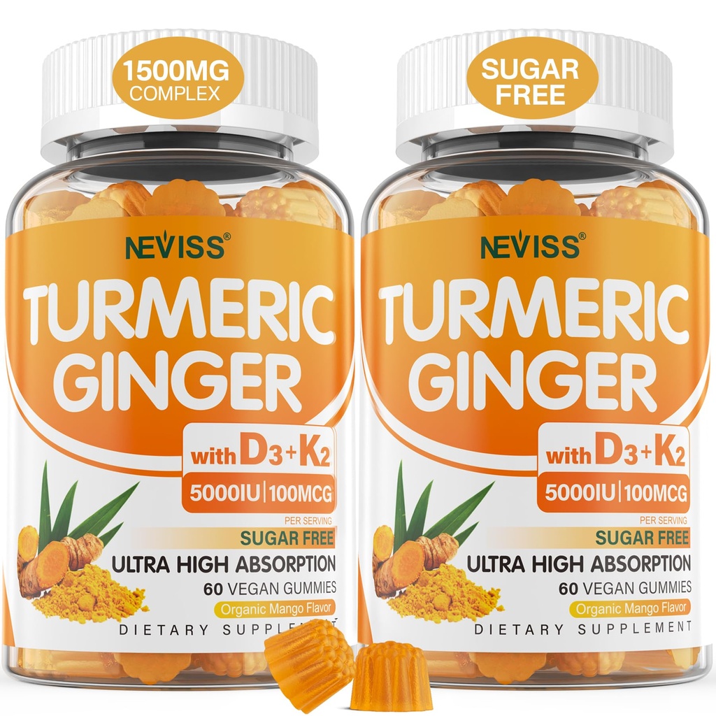 Sugar Free Turmeric Ginger Gummies with 5000 IU Vitamin D3 & K2 (MK7), C - Vegan Turmeric Supplement Gummies for Yetişkinler 1500 mg with Black Pepper, Supports Bone, Immune & Digestive Health - 120 Cts