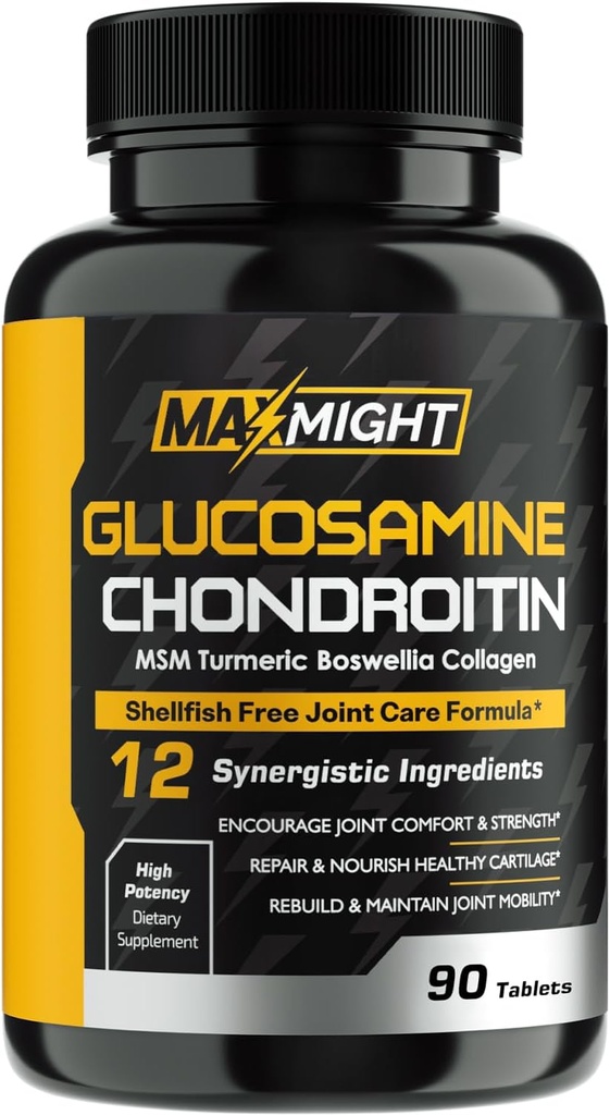 Glucosamine Chondroitin MSM Turmeric, Boswellia, 12in-1, Ortak Konfor, Hareketlilik, Lanet ve Erkekler Kadınlar ve Üst Düzey için Güçlü, 90 Tab, Shellfish
