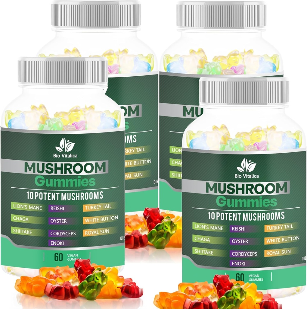 BIO VITALICA Mushroom Gummies – Lion's Mane, Reishi, Chaga, Cordyceps & More – Meyveli Vegan Gummies – Non-GMO, Gluten-Free, Plant-Based – 4 Packs