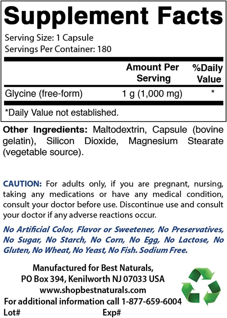 Best Naturals Συμπλήρωμα γλυκίνης 1000 Mg & Ταυρίνη 1000 mg
