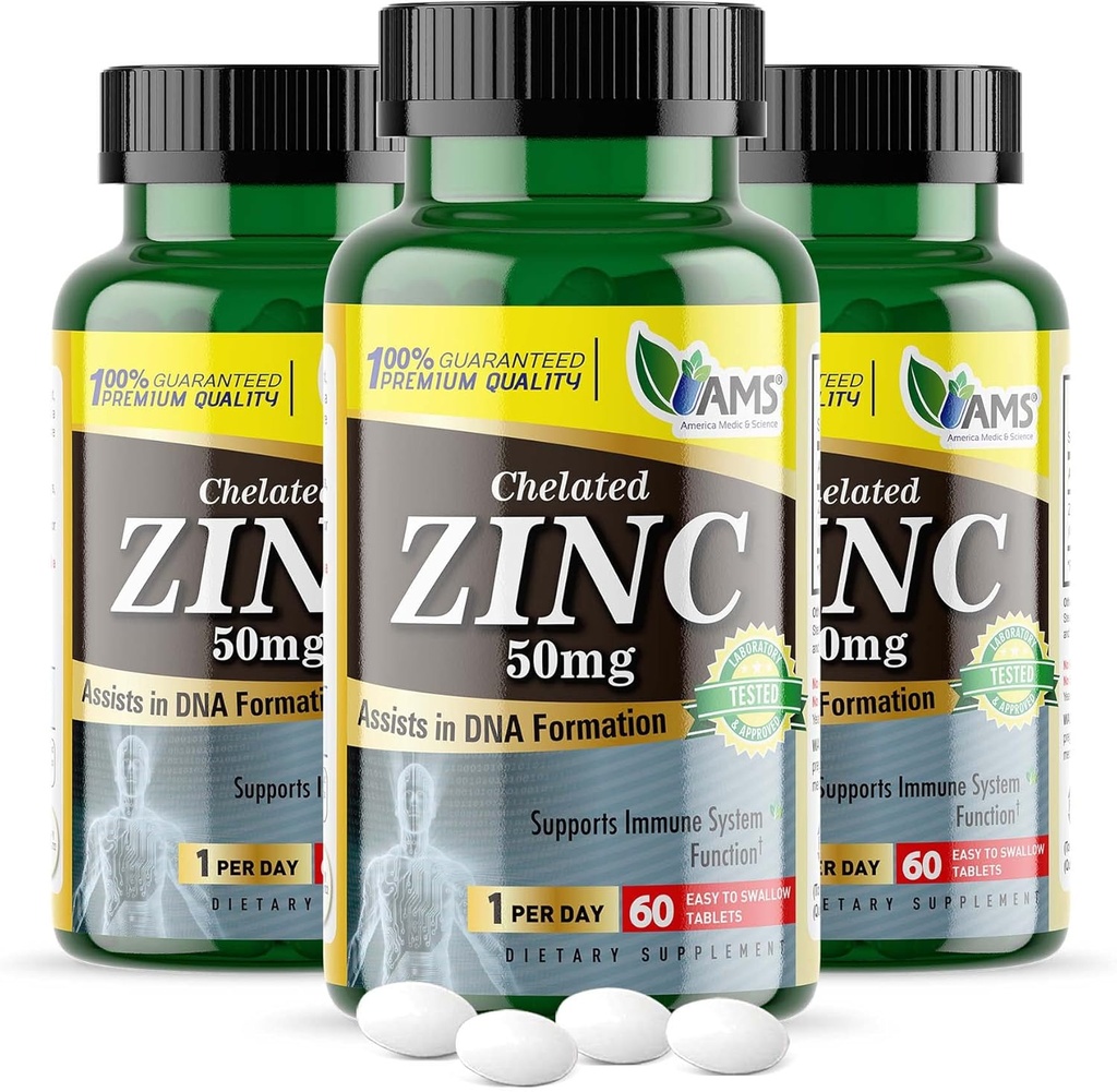 Amerika Medic & Science Chelated çinko 50 mg Supplements (3 60 Tabletlerin Paketi) Immune Branson ve Yetişkinler Erkekler ve Kadınlar için Güçlü Antioksikle Pills | Highly Absorbable Mineral, Finds Mood & Sleep