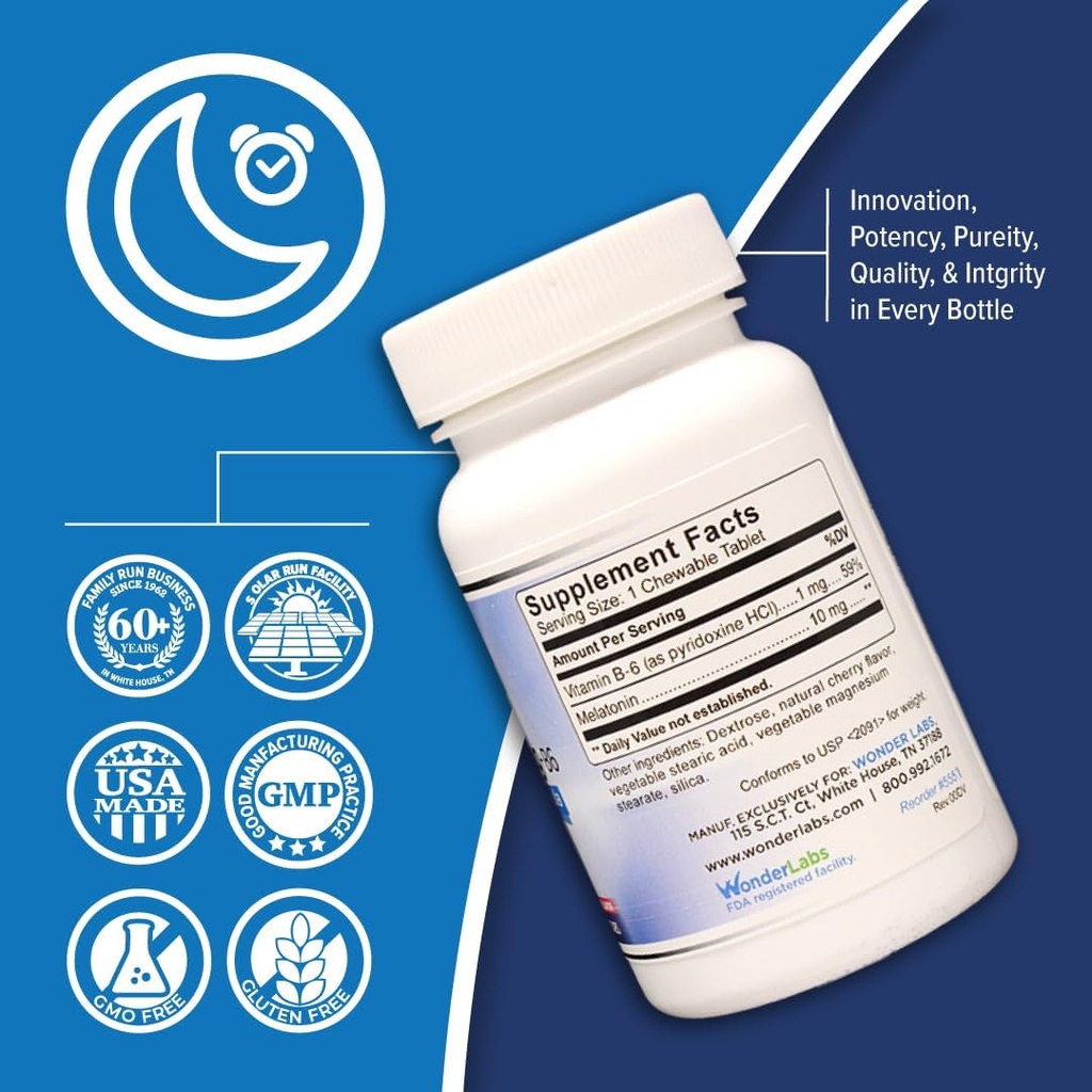 Wonder Laboratories Chewable Melatonin 10 mg + B6 Fast Dissolve Fall Asleep Faster, Stay Asleep Longer 100 Count