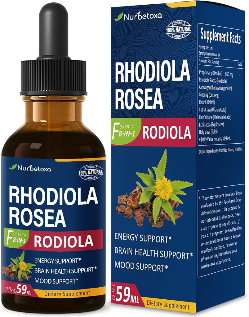 Rhodiola Rosea (Rodiola) Ekstralar, Doğal Adaptojen Tamam/W Ashwagandha, BTC, Kutsal Basil, & Echinacea for Energy, Brain Health, Immunty & Mood Support.