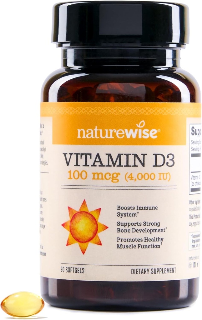 NatureWise Vitamin D3 4000iu (100 mcg) Προμήθεια 90 ημερών για την υποστήριξη του ανοσοποιητικού, υγιής λειτουργία των μυών, και την υγεία των οστών - Μη ΓΤΟ, Χωρίς γλουτένη σε βιολογικό επιπλέον παρθένο ελαιόλαδο, (Mini Softgel), 90 Count
