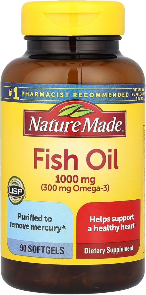 Nature Made Fish Oil 1000 mg, 90 Softgels, Fish Oil Omega 3 Supplement For Heart Health Health