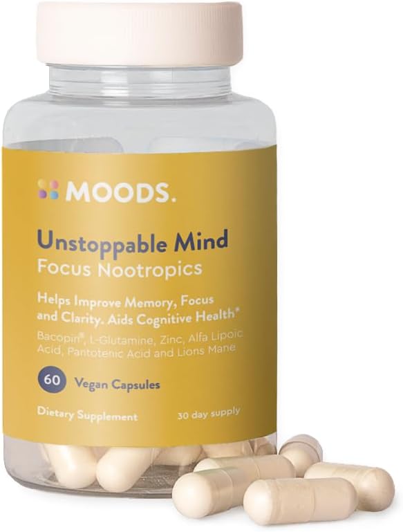 Moods | Durgunsuz Zihin | Focus Nootropics | Boost Energy and mental Agtitude, Memory, Concentration | Bacopin, L-Glutamine, Lion's Mane, Alpha Lipoic Acid, Pantothenic Acid | 60 Vegan Capsules