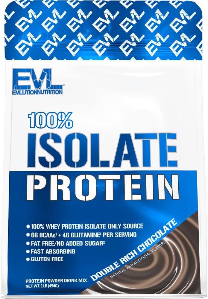Evlution Nutrition 100% Isolate, Whey Isolate Protein Powder, 25 G of Fast Absorbing Protein, No Sugar Added, Low-Carb, Gluten-Free (Double Rich Chocolate, 1 LB)