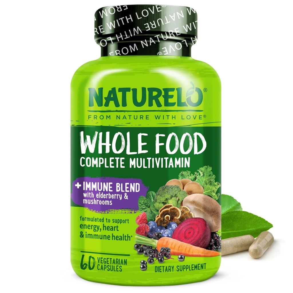 NATLO Whole Food Multivitamin + Immune Blend with Elderberry & Mushrooms - Ekstra Immune Support - C, D3, çinko, Elderberry, Reishi, Shitake - 60 Vegan Capsules